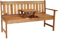 Sunnydaze Meranti Wood Outdoor Patio Bench with Built-in Pop-Up Table - Teak Oil Finish - 60-Inch