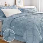 JOLLYVOGUE Queen Comforter Set - Pintuck Light Blue/Ivory 7 Piece Bed in a Bag Comforter Queen - Bedding Set with Comforter, Sheets, Ruffled Shams & Pillowcases for Bedroom