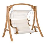 Outsunny Wooden Garden Swing Chair A-Frame Wood Log Swing Bench Chair With Canopy and Cushion for Patio Garden Yard Teak, Cream White