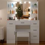 Koestem Large Vanity Table Set with Lighted Mirror, White Makeup Table with 5 Drawers, Large Cabinet and Open Shelves, Bedroom Vanity with Stool for Women ESW-67
