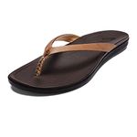 OluKai Ho'opio Leather Women's Beach Sandals, Full-Grain Leather Flip-Flop Slide, Modern Low Profile Design & Comfortable Fit, Sahara/Dk Java, 10