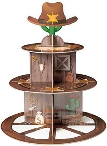 Haooryx Western Cowboy Party Decoration Cupcake Stand, 3 Tier Wild West Wooden House Barn Door Cupcake Tower Cardboard Dessert Holder for Western Cowboy Theme Birthday Party Baby Shower Table Supplies