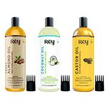 Rey Naturals Cold Pressed Castor Oil For Hair Growth, Almond Oil For Hair Growth & Virgin Coconut Oil For Hair | Nourishing Hair Oil For All Hair Types | Deeply Moisturizes Strengthens Hair 200ml Each