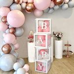 Baby Shower Decorations Box - 4Pcs White Transparent Square Baby Shower Boxes including BABY Letters, Baby Balloon Boxes for Boy Girl Baby Shower, Birthday Party, Gender Reveal, Theme Party Decoration