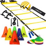 BELCO SPORTS PVC 6 Inch Cones Pack 10,20 Space Markers and 8 Meter Ladder with Pushup Stand Gripper & Skipping Rope Agility Combos (Multicolour)