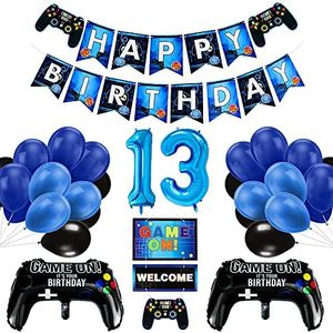 13th Birthday Boys, Gaming Decoration Balloons, Controller Balloons and Blue/Black Balloons, Happy Birthday Games on Welcome Banner Video Game Party Decoration for Kids