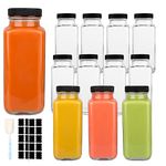 GUANENA 12 Pack Glass Drink Bottles, 8.5 OZ Vintage Square Water Bottles with Lids, Juice Bottles Beverages Containers for Milk, Kombucha, Smoothies