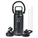 Trebo 32 oz Water Bottle Insulated with Lid and Straw,Double Wall Vacuum Stainless Steel Metal Tumbler Sports Flask with Paracord Handle, Keep Hot 24 Hours & Cold 48 Hours Water Cup with 3 Lids, Black