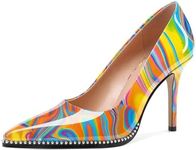 SAMMITOP Women Beaded Pumps Closed Pointed Toe High Heel Slip On Stilettos 3.5 Inch Sexy Heeled Dress Shoes Patent Leather, Multicolor Heat, 8.5