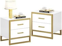 YITAHOME Nightstand with 2 Drawers, Small End Side Table with Storage, Modern Bedside Table with Metal Frame for Small Space, Bedroom, Set of 2, White