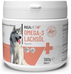 ReaVET Cápsulas de aceite de salmón Perro 500 piezas, Aceite Omega 3 Perro I Cápsulas de aceite de salmón Perro I Aceite de pescado de alta dosis perro en calidad alimentaria
