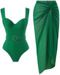 Women One-Piece Swimsuit with Cover up Wrap Skirt Sarong Bathing Suit Beach Outfit Summer, Green, Medium