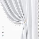 White Blackout Curtains for Living Room Bedroom 84inch Long Pom Pom Curtain Panels for Windows Thermal Insulated Curtains for Kids Nursery Room Rod Pocket 52" W x 2pcs