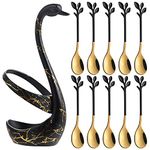 AnSaw Small Coffee Spoon Holder Set,Black Swan Base With 10 Pcs Black & Gold Demitasse Espresso Spoons Set,4.7" Mini Leaf Dessert Spoon,Stainless Steel Tea Spoons