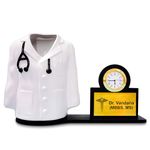 FOTO VALE GIFTS Personalized Doctor Coat Pen Stand with Clock, Engraved Name and Logo, for Doctors, Surgeons, Medicos, Students, Dentist/Nurse Desk Organizer