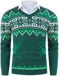 TURETRENDY Men's Christmas Sweaters Holiday Reindeer Snowflakes V Neck Jumpers, Green, Large