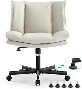 LEAGOO Criss Cross Chair with Wheels, Genuine Leather Armless Cross Legged Office Chair, Comfy Desk Chair, Modern Swivel Height Adjustable Computer Task Chair, Wide Seat Cute Chair for Home Office