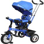 Kiddo Smart 4 in 1 Kids Children Trike Tricycle with Rotating Seat, Rear Brake and Sun Canopy (Blue)