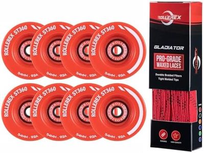 Rollerex ST360 92A 54mm x 32mm Roller Skate Wheels (8-Pack w/Bearings, Spacers and Washers) (Rocket Red) Gladiator Waxed Skate Laces (Rocket Red, 72")