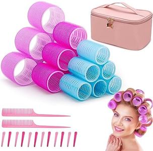 Hair Rollers with Makeup Carrying Case 34PCS, FISHOAKY 18 Self Grip Velcro Hair Rollers with 12 Clips, 2 Rat Tail Comb, 1 Braid Device, Self Grip Hair Curlers for Bangs, Long, Medium, Curly Hair(Pink Makeup Bag)