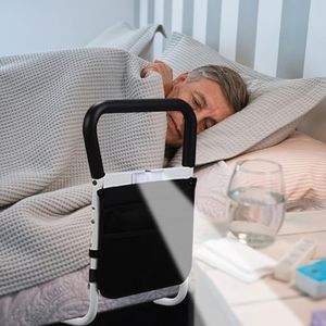 Whemyreat Barandilla de cama extensible, barandilla de cama para adultos mayores, riel auxiliar de cama ajustable en altura con luz de movimiento y bolsa de almacenamiento, protección contra caídas de