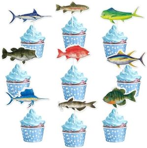WERNNSAI 36PCS Fishing Cupcake Toppers - Fishing Birthday Party Cake Decorations for Kids Boys Gone Fish Cake Toppers Fishing Baby Shower Party Supplies Summer Outdoor Fishing Party Favors Cake Decor