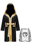 Miaeowve Kids Boys Boxing Outfit Open Front Hooded Grown Cloak Metallic Satin Robe with Belt and Boxer Shorts Set B2 9-10 Years