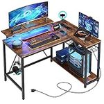 Bestier Small L Shaped Desk with Charging Port & LED Strip, Modern Computer Desk with Storage Shelves, Reversible Corner Desk with Hooks for Bedroom Office Studio Workstation, Rustic Brown