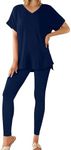 Lounge Sets for Women 2 Piece Sweatsuits Travel Outfits Fall Short Sleeve Pullover Tops and Legging Pants Matching Sets Blue M