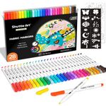 Shuttle Art 28 Colors Fabric Markers, Fabric Markers Permanent Markers for T-Shirts Clothes Sneakers Jeans with 11 Stencils 1 Fabric Sheet,Permanent Fabric Pens for Kids Adult Painting Writing