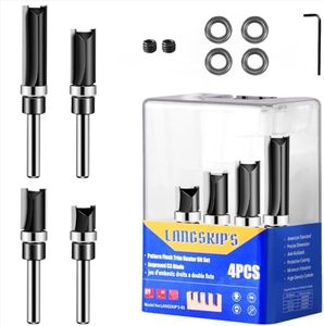 Pattern Flush Trim Router Bit Set, LANGSKIP'S 4PCS 1/4 Inch Shank Top Bearing Flush Trim Router Bit, Carbide Template Router Bits 1/2”, 3/4”, 1”, 1-1/2'' with Updated YG6X Carbide, Durable for DIY