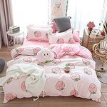 Cartoon Duvet Cover Set King Pink Peach Bedding Set Kid Kawaii Bedding Set Girl Lovely Peach Comforter Cover Cute Fruits Quilt Cover Tropical Plant Bedding Reversible Soft Bedspread Cover Room Decor