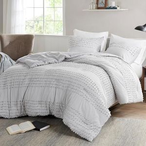 Comfort Spaces 100% Comforter Set Cotton Jacquard Pom Tufts Design Hypoallergenic Down Alternative, All Season Modern Bedding, Matching Shams, Full/Queen, Phillips, Grey