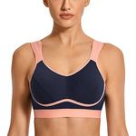 SYROKAN Women's Comfort Sports Bra High Impact for Large Breasts Wireless Stretch Support Bounce Control Navy 32D