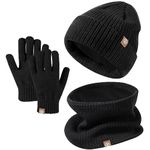 Enwokran Kids Winter Hat Scarf Gloves Set - Warm Thermal Knitted Beanie Cap Snood Neck Warmer Touchscreen Mitten Soft Fleece Lining Elastic for Children Aged 5-12 Outdoor Sports (Black)