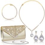 4 Pcs Women Rhinestone Jewelry Set Floral Wave Teardrop Crystal Wedding Necklace Earrings Floral Cluster Wave Bracelet Glitter Envelope Evening Bag Handbag Party Bridal Purse (Vintage Style)