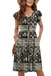 MISFAY Women Summer Dresses Ruffle Sleeve Casual Loose Swing Button Down A-Line Mid Dress with Pockets,Boho Floral Black,M