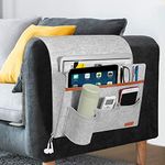 SIMBOOM Sofa Remote Holder Hanging Couch Caddy with 5 Pockets, Bedside Sofa Storage Pocket for Laptop, iPad, Magazines, Books, Phone - Light Grey