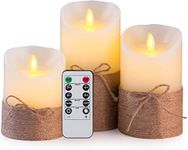 LTETTES LED Real Paraffin Wax Cup Pillar Flameless Electric Candles With Flickering Faux Wick, Hemp Rope-Battery Powered with Multifunctional Remote Controller [Set of 3 (H-4",5",6"x D-3")]