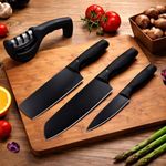 Evadely Kitchen Knife Set 3-Piece with Knife Sharpener Tool, Stainless Steel Chef Knives, Sharp Cutting Knives for Kitchen, Vegetable, Fruit & Meat Cutting (3 Knife Set + Knife sharpner)