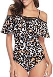 Holipick Women Off Shoulder One Piece Swimsuits Tummy Control Bathing Suits Vintage Ruffle Swimwear Teen Girls, Leopard, Medium