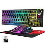 Wireless Gaming Keyboard Mouse Combo Set 4000mAh Rechargeable 2.4G Cordless USB Receiver RGB Rainbow Backlit Compact Mechanical Feel Knob Control Button+2400 DPI Mute Mice+Mouse Pad for PC MAC-Black