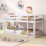 Giantex Twin Low Bunk Bed, Solid Wood Twin Over Twin Bunk Bed Frame with Full Guardrails & Integrated Ladder, Floor Twin Bunk Beds for Kids Boys and Girls, No Box Spring Needed, White