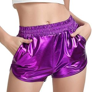 MAKARTHY Women's Metallic Shorts Elastic Waist Shiny Sparkly Rave Pants (Small, Purple)