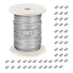 Picture Hanging Wire, Plastic-coated Stainless Steel Wire with 50pcs Aluminum Crimping Loop Sleeve for Hanging Photo Frame Artwork Mirror Bird Feeder String Light Plant Climbing (1.5mm x 98Feet)