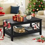 YITAHOME Coffee Table with Storage Shelf, 100x55.3x45cm Modern Farmhouse X-Shaped Coffee Tables for Living Room, Small 2-Tier Thicker Wood Accent Cocktail Center Ends Coffee Table (Black)