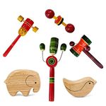 Channapatna Toys Wooden Rattles & Elephant Bird Shakers for Baby, Infants, New Born Babies Toys (0+ Years) - Set of 6 pcs - Multicolor - Discover Sounds, Develops Sensory Skills