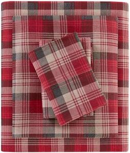 Woolrich Cotton Sheet Set Cottage Charms Print, 100% Cotton Flannel Sheets Warm & Fuzzy Bedding Set Queen Size Sheets, Fitted Pocket Fits Up to 14" Mattress, Queen Red Plaid, 4 Piece