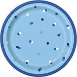 Unique 83594 Blue Polka Dots Round Dinner Plates, 7" Disposable | 8 Pcs, Happy Birthday