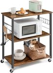 VASAGLE Kitchen Shelf on Wheels, Serving Cart with 3 Shelves, Kitchen Cart, Microwave Shelf, for Mini Oven, Toaster, with 6 Hooks, Industrial Style, Rustic Brown and Black UKKS067K01